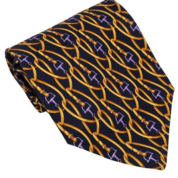 GUCCI Mens Tie Horsebit Pattern bridle belt Silk Italy Blue Gold Old Money - Picture 2 of 7